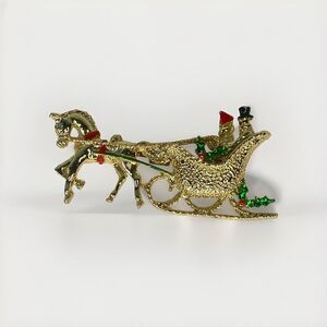 Vintage 2" Signed Gerry's Christmas One Horse‎ Sleigh Brooch Pin Gold Tone